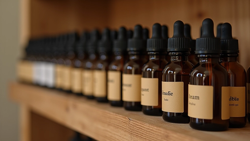 Array of essential oil bottles in amber glass, labeled aromatherapy bottles on wooden shelf