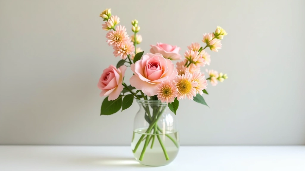 Well-balanced floral arrangement showing asymmetrical but visually balanced composition with varying heights and visual weight distribution