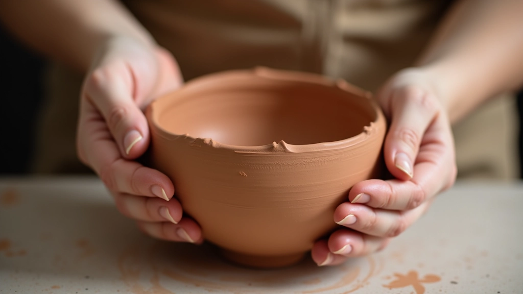 Close-up of beginner's pottery bowl showing asymmetrical walls and uneven rim, still beautiful despite imperfections