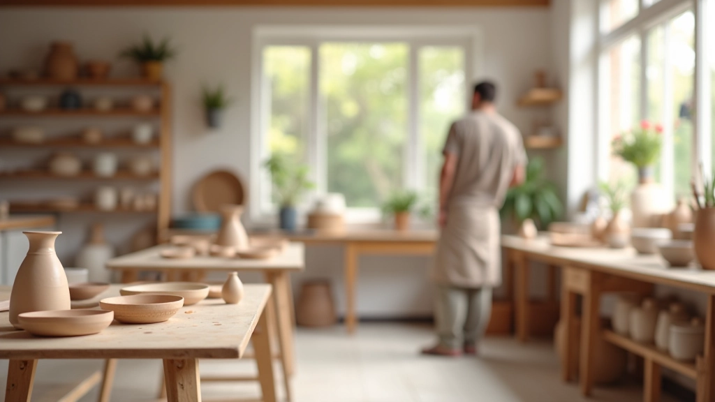 Bright pottery studio interior with ceramic pieces displayed on shelves, natural light from large windows, organized work stations
