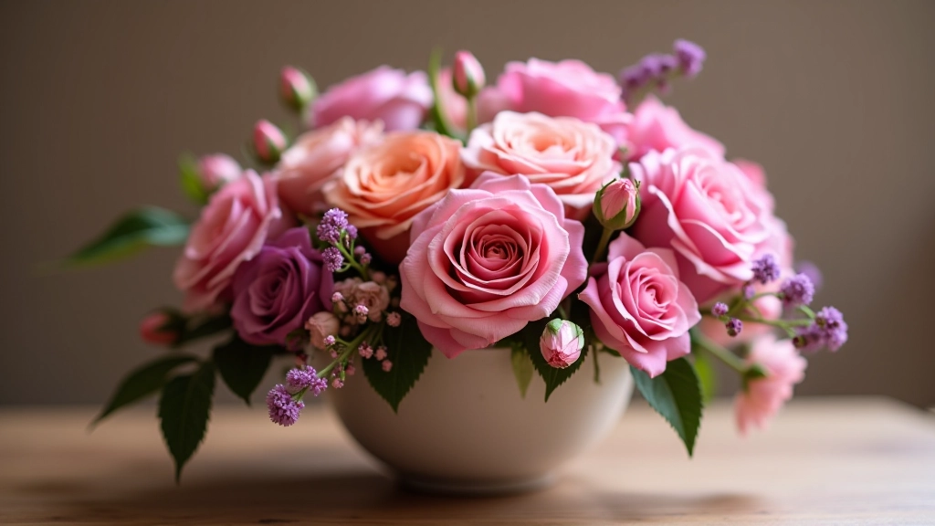 Arranged flowers in harmonious colour palette showing warm tones transitioning to cool tones, demonstrating colour theory in floral design with professional styling