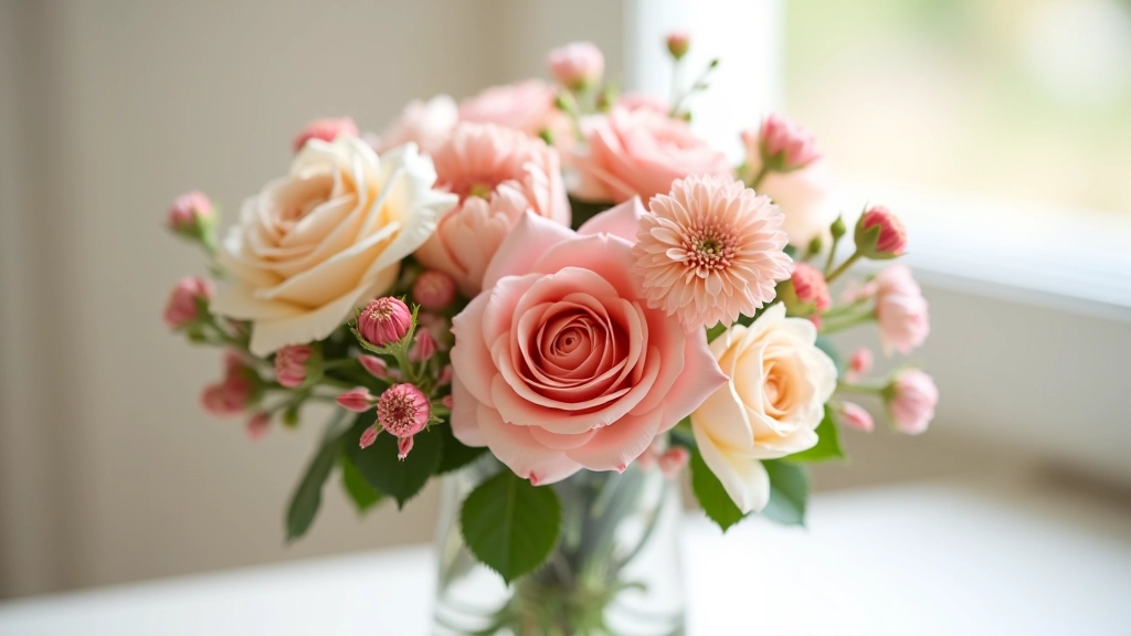 Floral arrangement showing varied flower shapes and sizes creating dynamic visual composition with focal flowers and supporting blooms