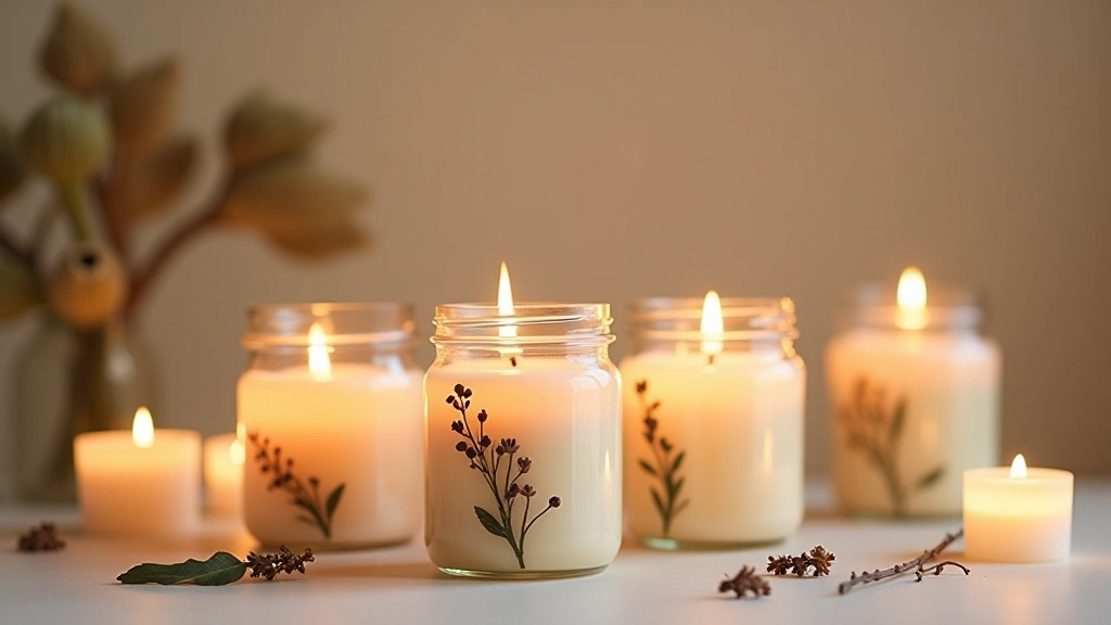 Handmade scented candles in glass jars with dried flowers embedded in wax, arranged on white surface