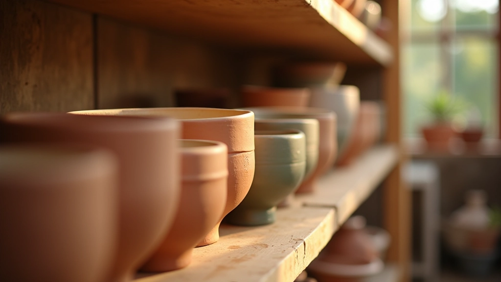 Ceramic bowls in various earth tones arranged on wooden shelf with natural afternoon light