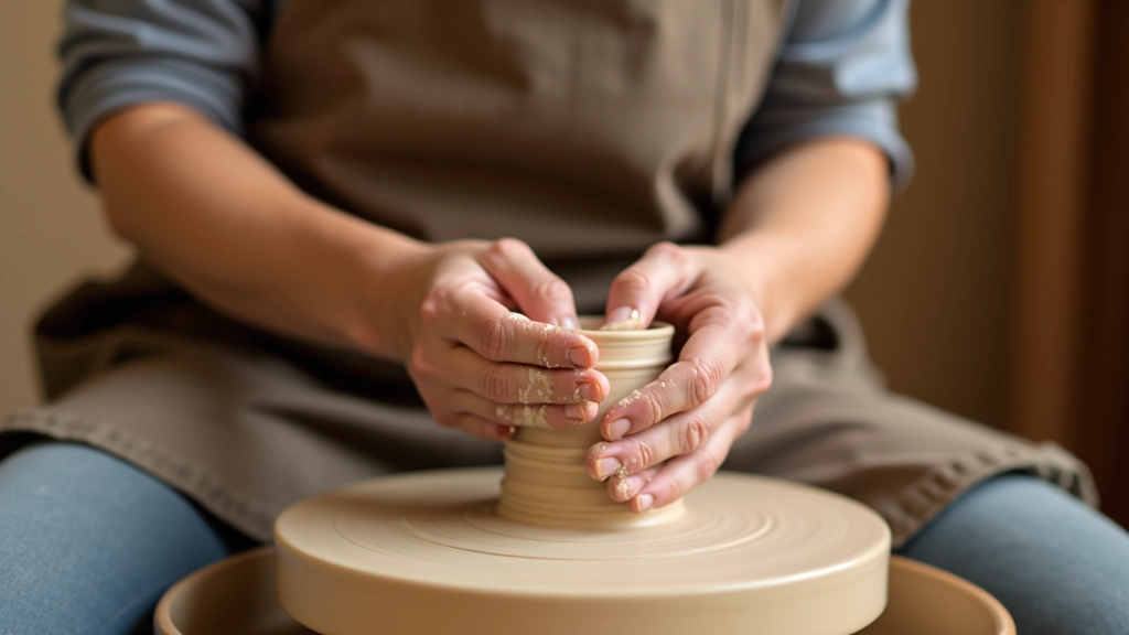 Hands of experienced potter shaping clay on pottery wheel with concentrated expression, studio lighting