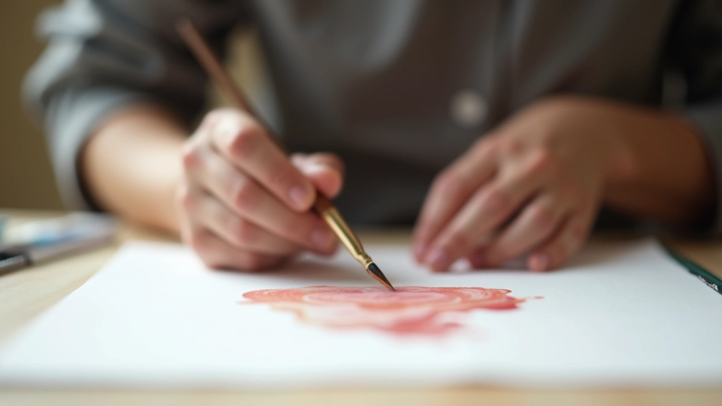 Hands of artist aged 45-55 holding watercolour brush over wet paper, focused expression, natural studio lighting