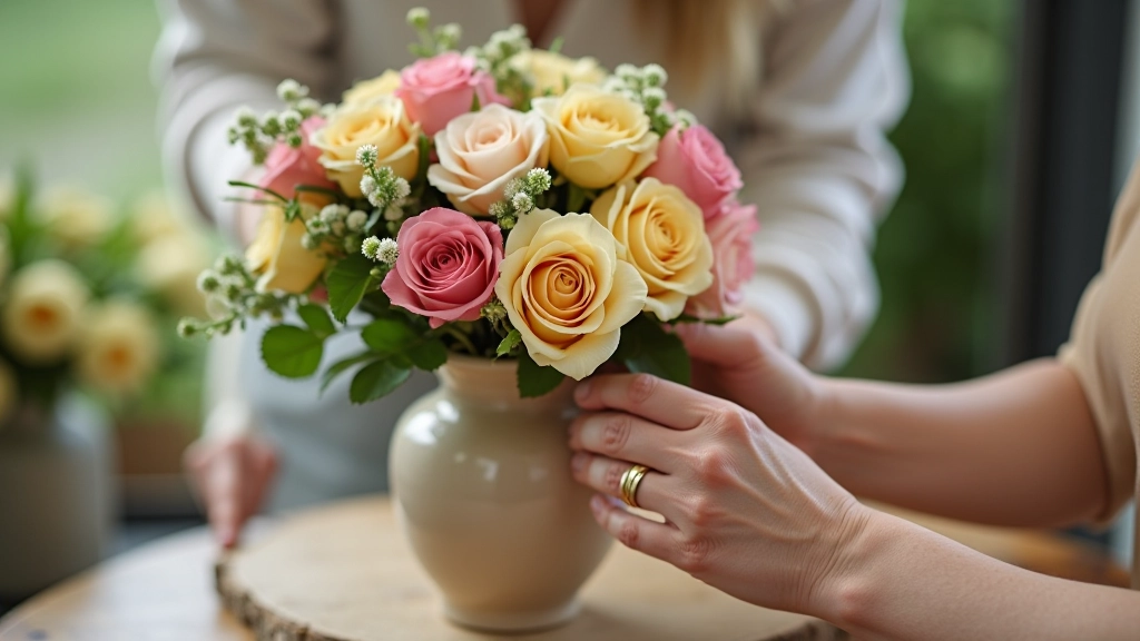 Hands arranging fresh flowers and foliage in a ceramic vase on neutral background