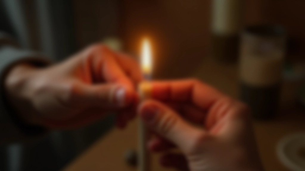 Hands lighting candle wick with lighter, warm ambient lighting in craft workshop