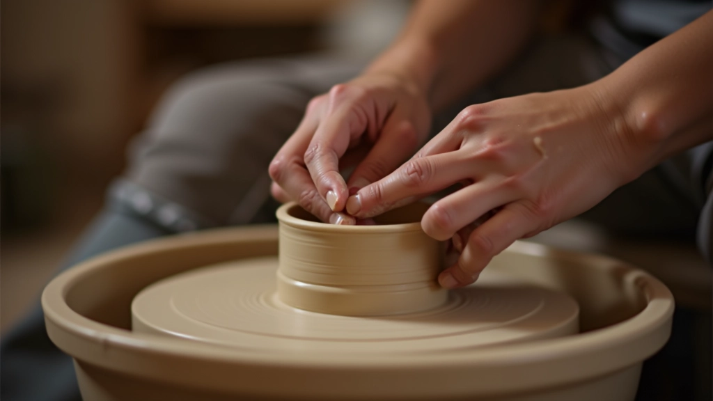 Hands working with clay on pottery wheel