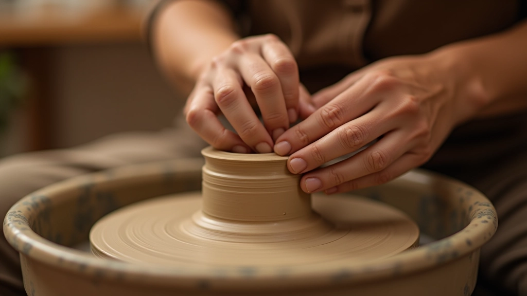 Artist's hands shaping clay on pottery wheel in natural studio light