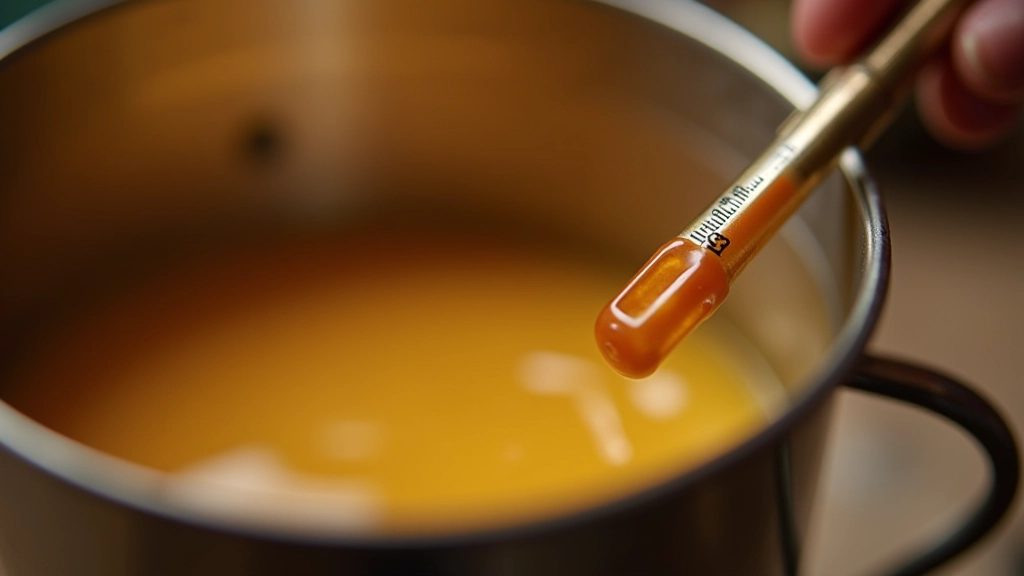 Close-up of melted soy wax in metal pitcher with thermometer, showing amber color and smooth texture