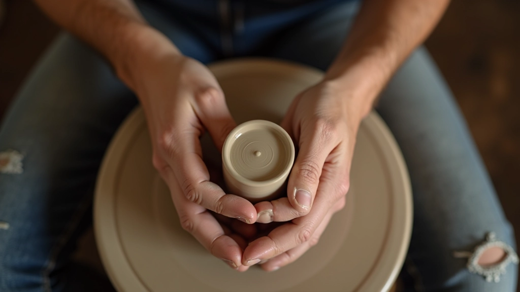 Adult participant working with clay at pottery wheel during creative workshop