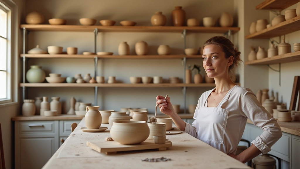 Organized pottery studio with clay tools, shelves of glazes, and finished ceramic pieces in warm afternoon light