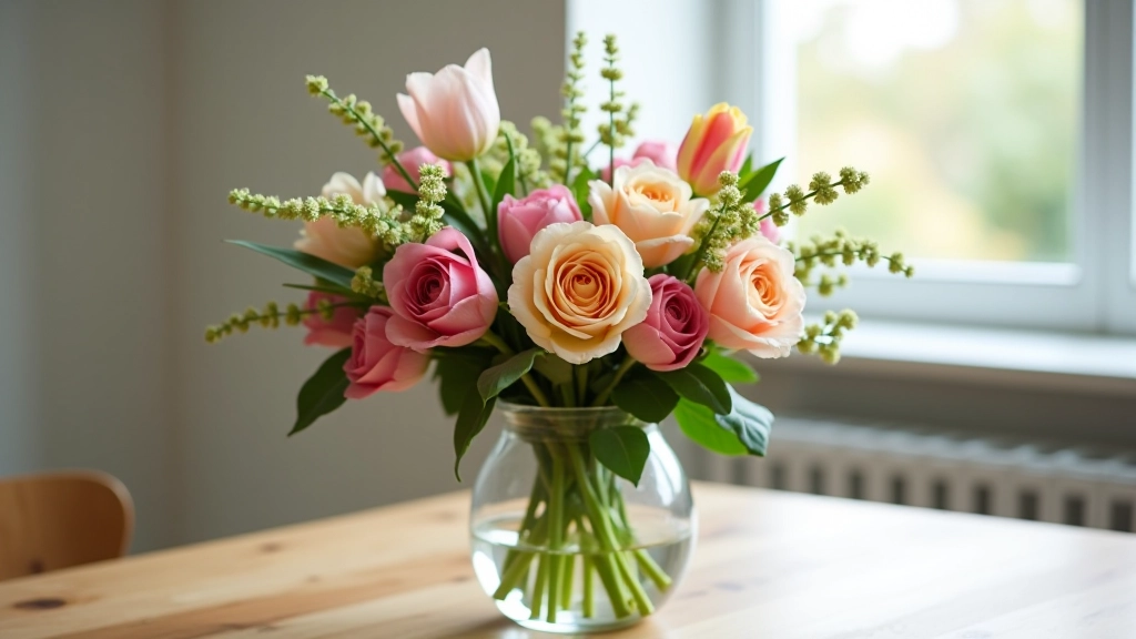 Seasonal flower display showing spring, summer, autumn, and winter blooms arranged to showcase seasonal colour palettes and flower varieties