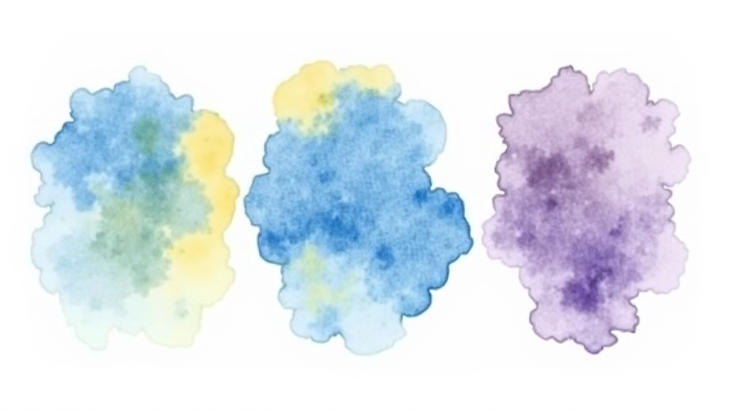 Three watercolour technique demonstrations on white paper showing wet-on-wet blooming, glazed transparent layers, and dry brush texture