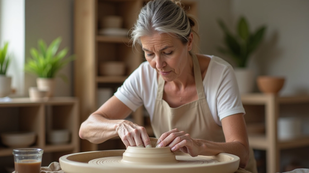 Woman in her 50s working with pottery clay at a craft studio wheel, focused expression, natural studio lighting